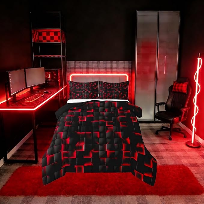 Erosebridal Boys Red and Black Comforter Set Toddler Geometric Checkered Kids Bedding Set Teen Men Gaming Room Decor,Abstract Ombre Plaid Comforter Grids Quilt Duvet
