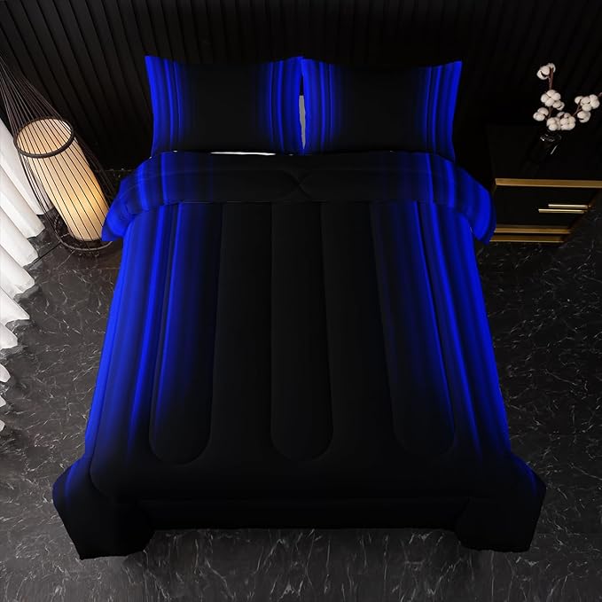 Blue and Black Bedding Set Full Size Abstract Ombre Comforter Set for Teen Boys, Mordern Bedding Set 3 Piece in A Bag,Dark Quilt Set Mordern Art Decor Lightweight All Seasons with Pillowcases