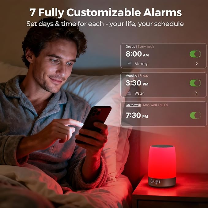 Smart Red Light Therapy Lamp & Sleep Sound Machine for Bedroom with Alarm Clock, 32 White Noises Sound Machine, Night Light with App Control, 5-Level Red Light (620–690nm), 2600mAh Battery（Large）