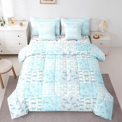 Feelyou Blue Bow Comforter Set with Sheets Full Size Kids Bowknot Plaid 7 Pieces Bedding Set for Boys Girls Teens Gift for Girls Women Grid Bed in a Bag Breathable Princess Décor Bed Set