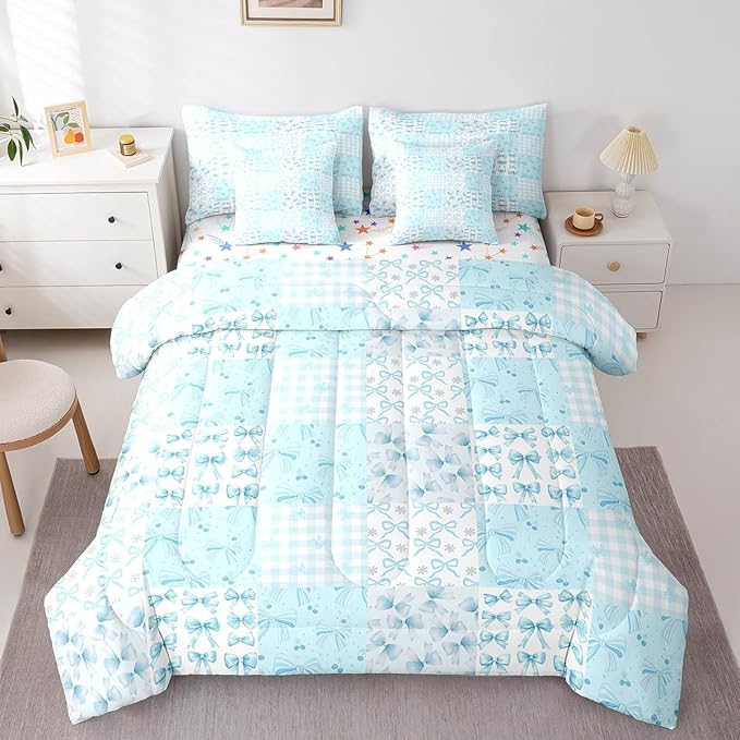 Feelyou Blue Bow Comforter Set with Sheets Twin Size Kids Bowknot Plaid 7 Pieces Bedding Set for Boys Girls Teens Gift for Girls Women Grid Bed in a Bag Breathable Princess Décor Bed Set
