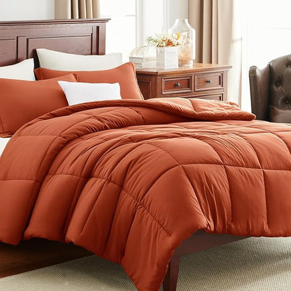 CozyLux Queen Size Comforter Sets Terracotta - 3 Pieces Burnt Orange Box Stitched Queen Bed Set for All Seasons, Soft Lightweight Bedding Sets with 1 Down Alternative Comforter and 2 Pillow Shams