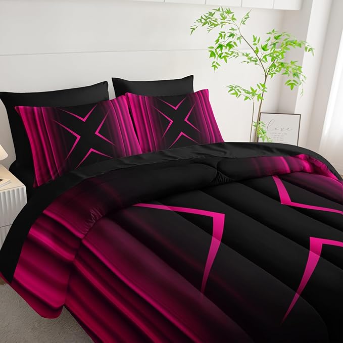 Pink Black Geometric Comforter Set Twin Size 7Pieces,3D Abstract Mordern Printed Bedding Set for Adults,Geometric Mordern Decor All Seasons with Pillowcases,Flat, Fitted Sheet