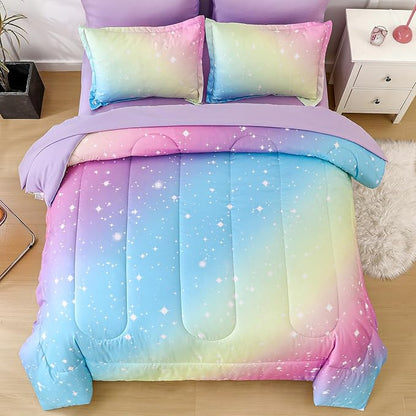 Drucon Rainbow Comforter Set Twin Size for Teen Girl &Boys,6 Pieces Bed in A Bag Blue Blush Rainbow Bedding Set Twin Size(1 Comforter, 1 Flat Sheet, 1 Fitted Sheet, 1 Pillow sham, 2 Pillowcases)