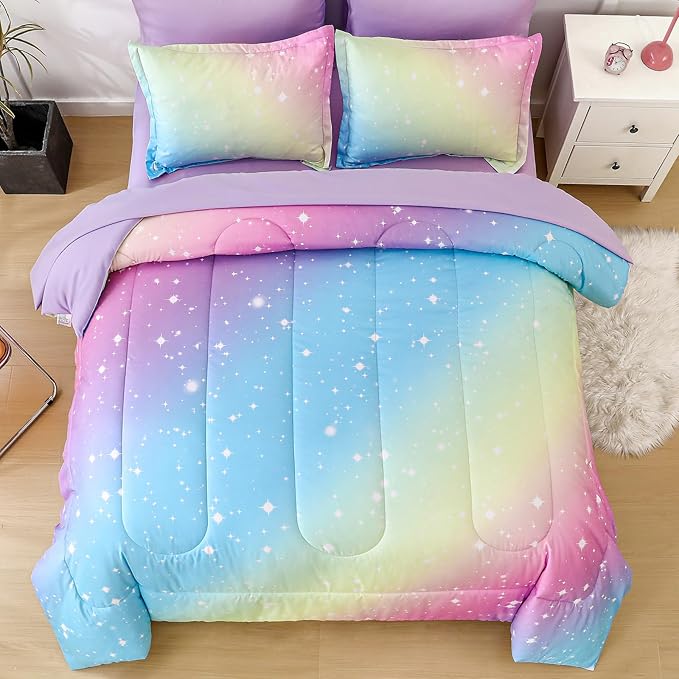 Drucon Rainbow Comforter Set Queen Size for Teen Girl &Boys,7 Pieces Bed in A Bag Blue Blush Rainbow Bedding Set Queen Size(1 Comforter, 1 Flat Sheet, 1 Fitted Sheet, 2 Pillow sham, 2 Pillowcases)