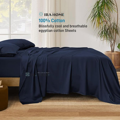 100% Egyptian Cotton Sheets Queen Size, 600 Thread Count Navy Blue Bed Sheets for Queen Size Bed, Long Staple Cotton Bedding Set, Sateen Weave, Luxury Hotel Sheets, Fits Upto 16" Mattress