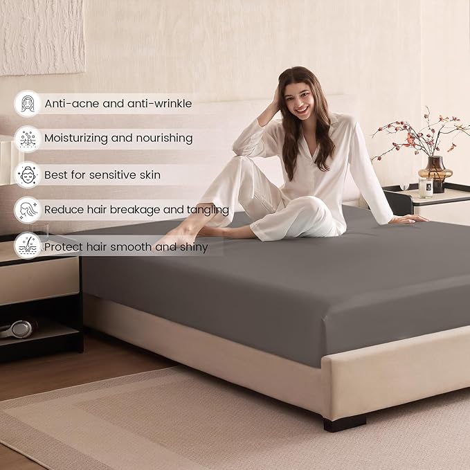 THXSILK 6A+ Top Grade 100% Pure Mulberry Silk Twin Fitted Sheet 3Pcs Set Bed Sheets Luxury Bedding for Hair and Skin Healthy Natural Materials, 1 Fitted Sheet with 2 Pillowcases, Charcoal