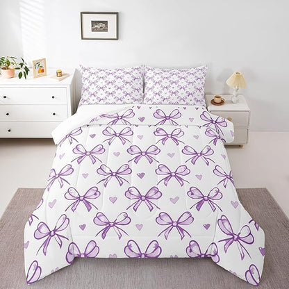Purple Bow Girlish Comforter Set Full Size,Bowknot Love Heart Cartoon Girly Bedding Set,Girls Women Room Decor,Bow Princess Style Romantic Down Comforter,Simple Chic Duvet Insert,2 Pillowcases