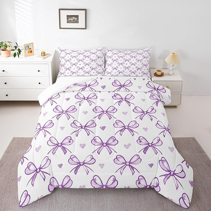 Purple Bow Girlish Comforter Set Queen Size,Bowknot Love Heart Cartoon Girly Bedding Set,Girls Women Room Decor,Bow Princess Style Romantic Down Comforter,Simple Chic Duvet Insert,2 Pillowcases