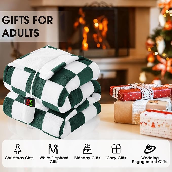 Heated Electric Blanket Throw, 50X60 Heating Blanket with 10 Heat Level & 8 Hours Auto Off for Lap, Dark Green Checkered Plaid Soft Sherpa Blankets Warmer Gifts for Couch Grandma Women Adults