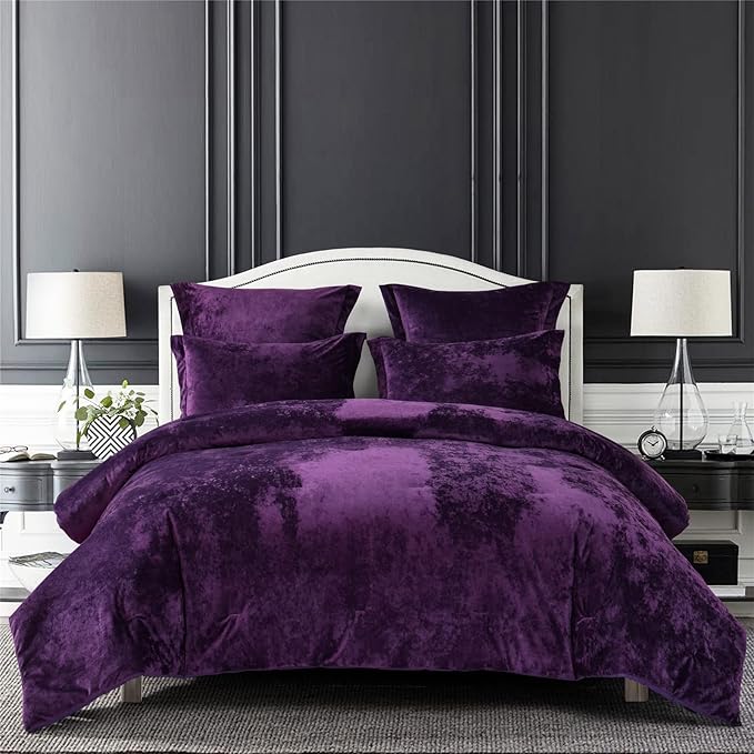 Sunshine Nicole Distressed Velvet Comforter Set, Distressed Velvet Face and Brushed Solid Microfiber Reverse, with Light Weight Soft Poly Fill, 5 Pieces Purple, Queen