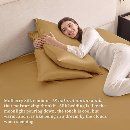 THXSILK 6A+ Top Grade 100% Pure Mulberry Silk King Fitted Sheet 3Pcs Set Bed Sheets Luxury Bedding for Hair and Skin Health Breathable Cooling, 1 Fitted Sheet with 2 Pillowcases, Metallic Gold
