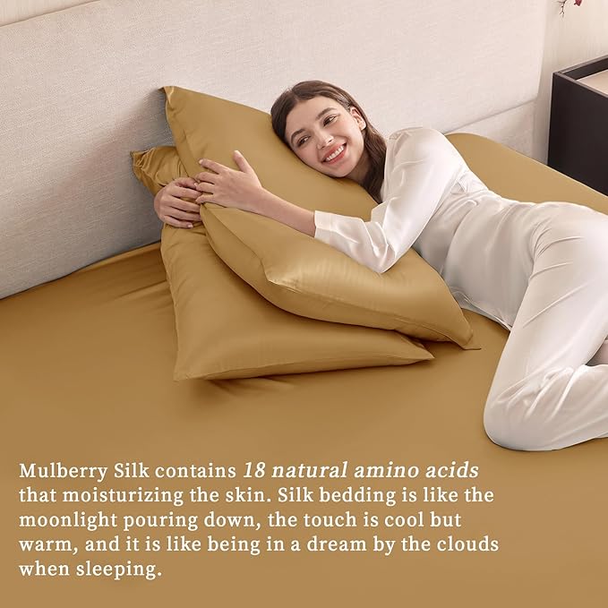 THXSILK 6A+ Top Grade 100% Pure Mulberry Silk Queen Fitted Sheet 3Pcs Set Bed Sheets Luxury Bedding for Hair and Skin Health Oeko-TEX Certified, 1 Fitted Sheet with 2 Pillowcases, Metallic Gold