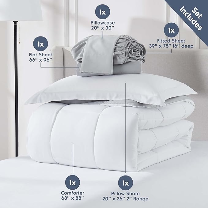 Nestl 5 Piece Twin Comforter Set – White Reversible Bed in a Bag – Complete Twin Size Bedding Set with Sheets, Pillowcase and Sham
