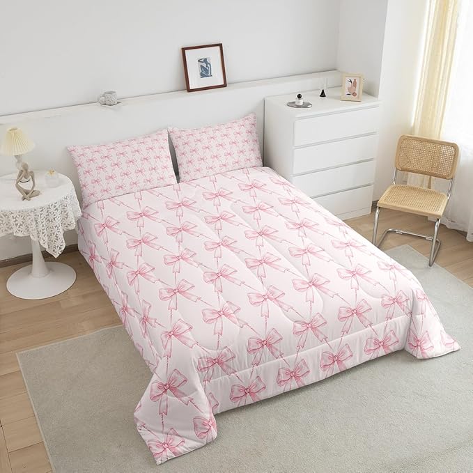Feelyou Bow Comforter Set Full Size Pink Girls Bow Bedding Set Boys Girls Cute Bowknot Comforter for Kids Women Men Kawaii Duvet Set Bow and Stripes Quilt Set 3Pcs