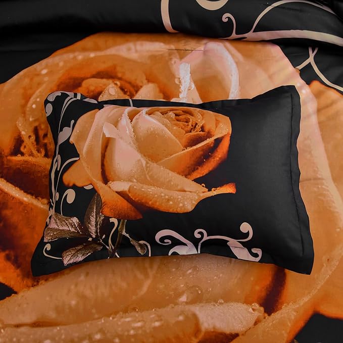 Xruibed Floral Comforter Set Queen 7 Piece Bed in a Bag Orange Rose Flower Comforter with Sheet Set Soft Micorfiber Bedding Set (1 Comforter,2 Pillow Shams,1 Flat Sheet,1 Fitted Sheet,2 Pillowcases)