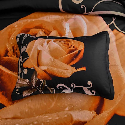 Xruibed Floral Comforter Set King 7 Piece Bed in a Bag Orange Rose Flower Comforter with Sheet Set Soft Micorfiber Bedding Set (1 Comforter,2 Pillow Shams,1 Flat Sheet,1 Fitted Sheet,2 Pillowcases)