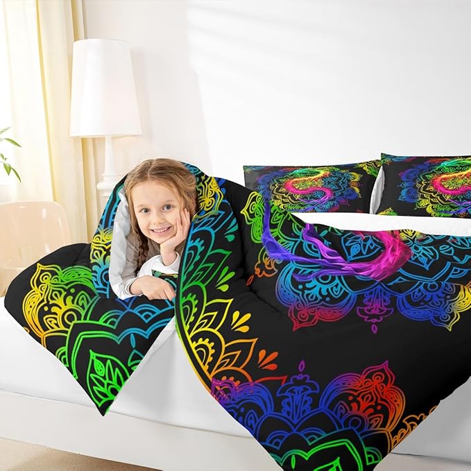 Watercolor Dragon Comforter Set Full Size,Rainbow Mandala Print Duvet Quilted,Bohemian Exotic Style and Animal Theme Bedding Comforters 3Pcs for Kids Child Teens Woman Man Bedroom Decor,Black