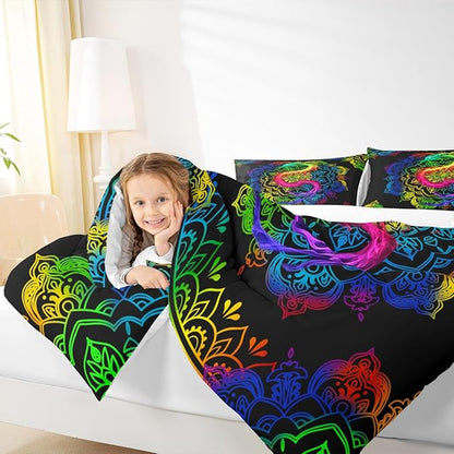 Watercolor Dragon Comforter Set Queen Size,Rainbow Mandala Print Duvet Quilted,Bohemian Exotic Style and Animal Theme Bedding Comforters 3Pcs for Kids Child Teens Woman Man Bedroom Decor,Black