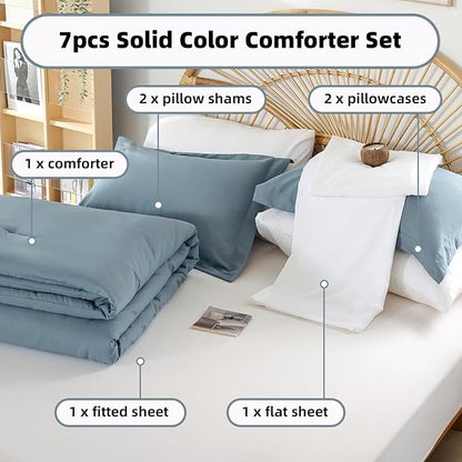 weigelia Dusty Blue Comforter Set 7 Pieces Full Comforter Set Soft Fluffy Bed in a Bag Full Size Bedding Set with Fitted Sheet, Flat Sheet, Pillow Shams, Pillow Cases for All Season