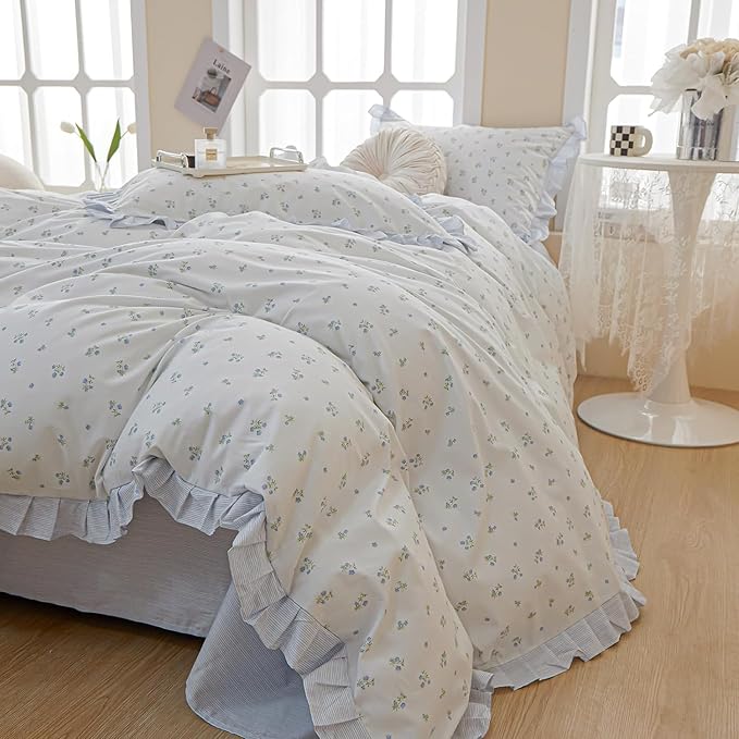 HighBuy Blue Flower Comforter Set Full Ruffle Edge Comforter Fluffy with 2 Pillowcases Coquette Cottagecore Aesthetic Romantic Bedding Comforter Set for Girls Women 80"x90"