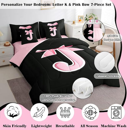 jejeloiu Kids Girls Black Pink Bow Comforter Set with Sheets Full Size Monogrammed 7 Piece Bedding Set Personalized Initial J Bed in a Bag with Comforter,Sheets,Pillowcases Modern Fashion Bed Set