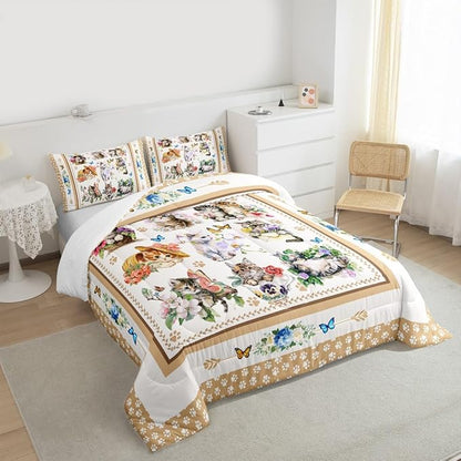 Cute Cats Kids Comforter Set Twin Size,Cartoon Animal Paws Print Toddler Bedding Set,Girls Boys Adults Room Decor,Butterfly Flowers Romantic Down Comforter,Bright Lovely Duvet Insert,1 Pillowcase