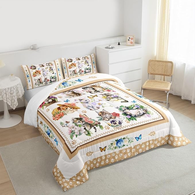 Cute Cats Kids Comforter Set King Size,Cartoon Animal Paws Print Toddler Bedding Set,Girls Boys Adults Room Decor,Butterfly Flowers Romantic Down Comforter,Bright Lovely Duvet Insert,2 Pillowcases