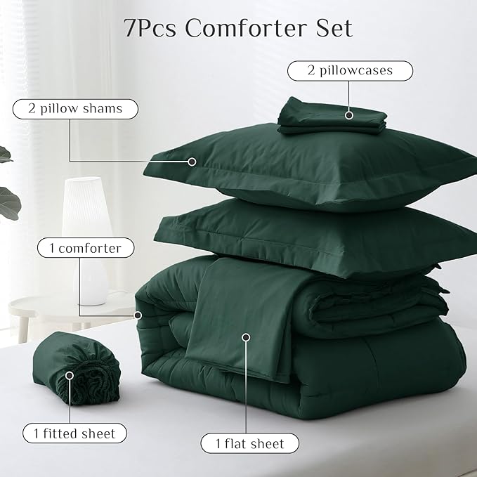 JOLLYVOGUE California King Comforter Set, Ultra-Soft Bed in a Bag Cal King Size 7 Pieces, Oeko-TEX Certified Bedding Set with Down Alternative Comforter, Sheets, Pillowcases & Shams, Emerald Green