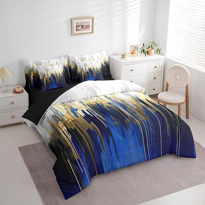 Navy Bed in a Bag 7-Piece Graffiti Ombre Bedding Set, Brush Strokes Oil Painting King Size Comforter Set Modern Contemporary Bedding Comforter Sets, Gold Metallic Abstract Gradient Bed Set