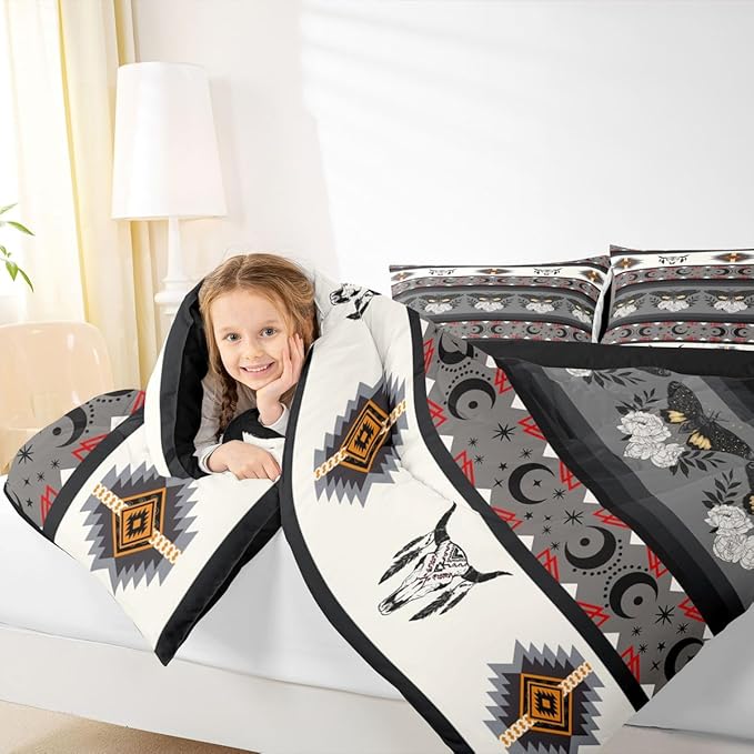 Erosebridal Bull Skull Quilt Boho Moth Tribal Bedding Set for Kids Child Boys Girls,Exotic Sun and Moon Comforter Set Geometric Aztec Decor Western Duvet Insert Twin,Bohemian Room Decor Grey