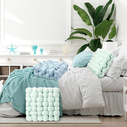 Wenqik 2 Pcs Knot Pillows Square Knotted Plush Throws Soft Accent Pillows Decoration Cushion for Couch Home Office Living Room Bedroom Bed Sofa Decor, 12'' x 13''(Light Green,Crystal Velvet)