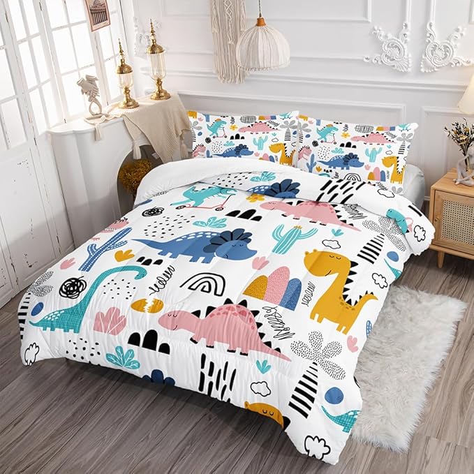 Cartoon Dinosaur Rainbow Comforter Set Full 3Pc Kawaii Dinosaur Bedding Set All Season with Cactus, Coconut Tree Decoration Includes 1 Comforter, 2 Pillowcases for Kids Girls Teens