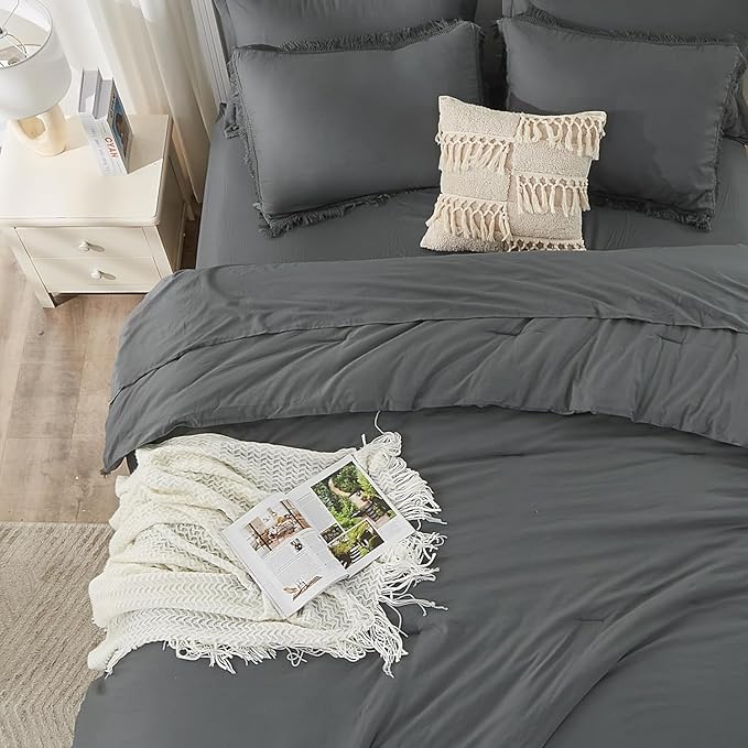 Andency Oversized King Comforter Set Dark Grey 120x98-7 Pieces Boho Tassel Bed in a Bag Soft Lightweight Bedding Sets, Fringe All Season Bed Set with Comforter, Sheets, Pillowcases & Shams