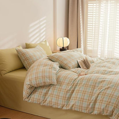 HighBuy Green Khaki Plaid Comforter Set Twin XL Modern Chic Gingham Bed Comforter with 2 Pillowcases Vintage Checkered Grid Fluffy Comforter Sets for Teen Girls,Breathable Comfy Farmhouse