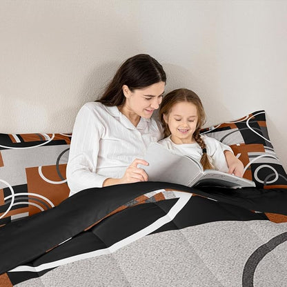 Geometric Swirls Comforter Set Brown Gray Black Duvet Insert Circles Rings Square Bedding Sets Striped Lines Down Comforter Modern Minimalist Quilted Duvet Chic Graphic Artwork Comforter, Queen Size