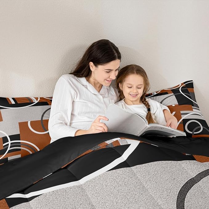 Geometric Swirls Comforter Set Brown Gray Black Duvet Insert Circles Rings Square Bedding Sets Striped Lines Down Comforter Modern Minimalist Quilted Duvet Chic Graphic Artwork Comforter, King Size