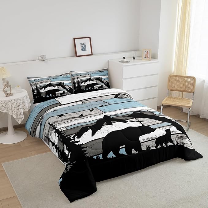 Feelyou Western Rustic Bear Comforter Set Queen Size, Wildlife Hunting Quilt Set with 2 Pillowcases, Forest Animal Wildlife Bedding Set 3pcs for Kids Boys Teens Room Decor, Farmhouse Duvet Insert