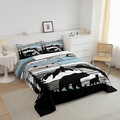 Feelyou Western Rustic Bear Comforter Set King Size, Wildlife Hunting Quilt Set with 2 Pillowcases, Forest Animal Wildlife Bedding Set 3pcs for Kids Boys Teens Room Decor, Farmhouse Duvet Insert