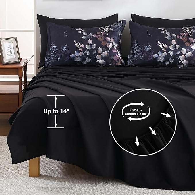 Xruibed Black Comforter Set Queen Size 7 Pieces Bed in a Bag, Botanical Floral Print Bed Sets, Elegant Flower Comforter with Sheet Set, Soft Microfiber Bedding Set for All Season (Black, 90"x90")