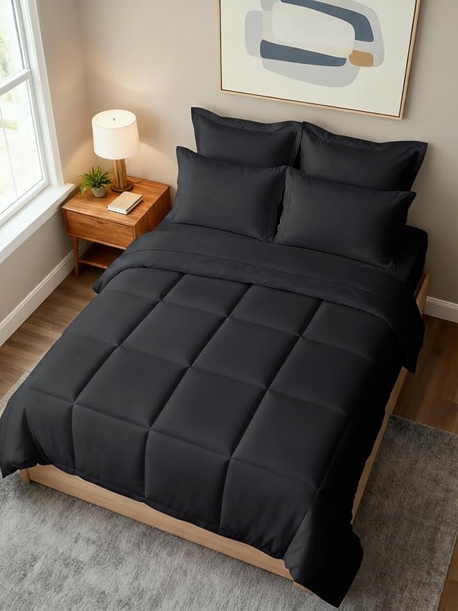 Queen Comforter Set - 7 Piece Bed in a Bag Queen Size Bed Set - Down Alternative Comforter, Flat Sheet, Fitted Sheet, Pillowcase & Shams for All Seasons - Ultra Soft, Cozy, Comfy & Breathable - Black