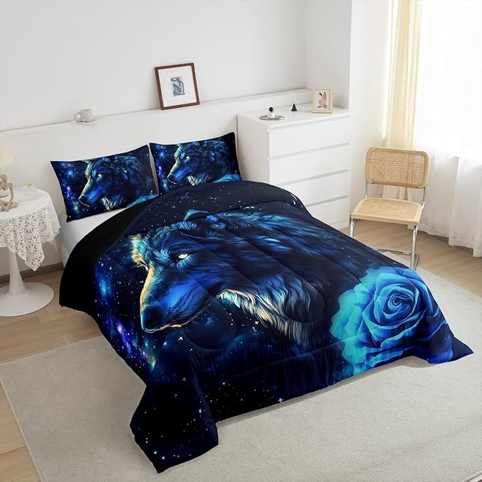 Galaxy Wolf Comforter Set for Kids Adults,Romantic Rose Mystery Universe Bedding Comforter Sets Full,Tie Dyed Starry Sky Quilt Comforter with 2 Pillowcases for All Season Bedroom