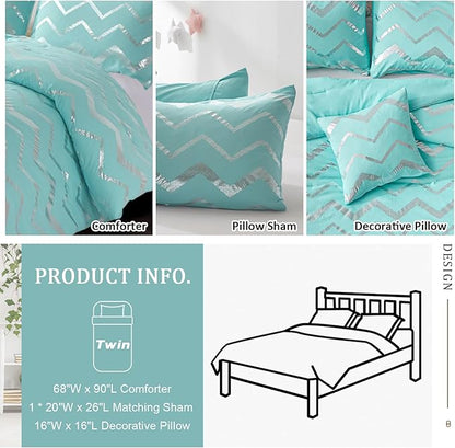Menghomeus Aqua Comforter Set Twin Size Metallic Teal and Silver Bed Comforter 3 Piece Soft Microfiber Bedding for Teen Girls Boys (1 Pillow Case + 1 Decorative Pillow Sham)