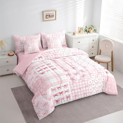 Feelyou Pink Bow Comforter Set with Sheets 7 Piece Twin Size Princess Bow Bed in a Bag Kids Boys Girls Cute Bowknot Bedding Set Kawaii Bedroom Decor Breathable Soft Lightweight Microfiber
