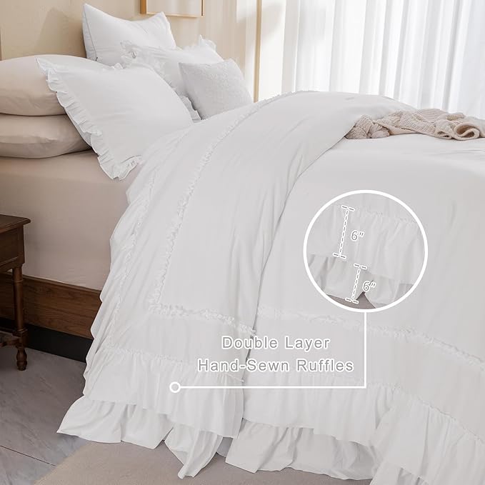 QSH 3PCs Natural White Ruffled Oversized King Comforter 120x120, Shabby Boho Chic Farmhouse Ruffle Bed Comforter Set California King Comforter Ultra Soft Microfiber Lightweight Fluffy Bedding