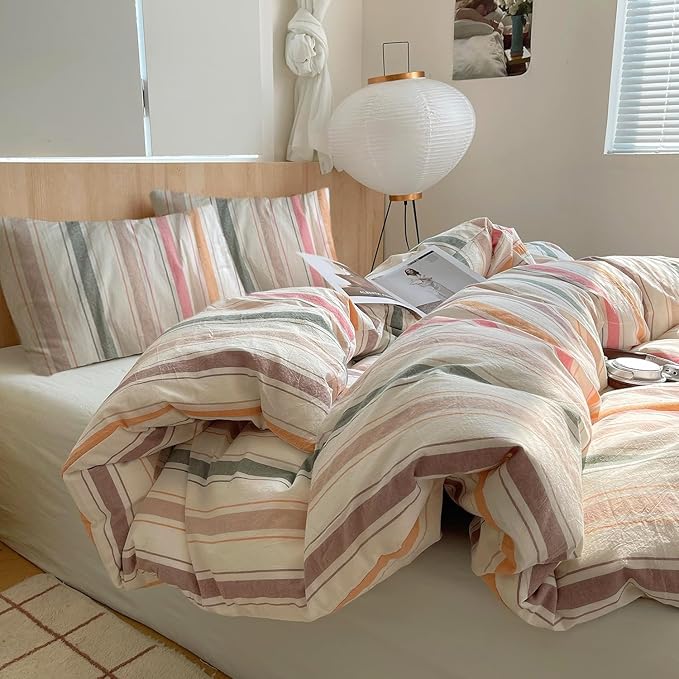 mixinni Pastel Rainbow Stripes Comforter Set Queen 3 Piece - Striped Bedding Set with Fluffy Comforter & 2 Pillowcases, Lightweight All Seasons, Sweet Boho Aesthetic for Girls Women Teens