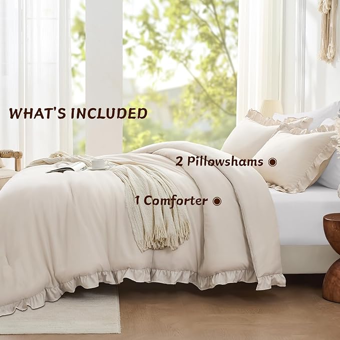 FUANNA Full Size Comforter Sets Beige, 3 Pieces Ruffle Full Size Bedding Sets, Fluffy Bed in a Bag Full for All Seasons, Shabby Chic Full Bed Set with 1 Lightweight Comforter & 2 Pillowshams