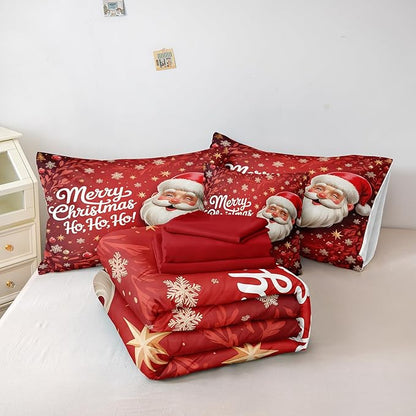 Santa Claus Comforter Queen Red Snowflake Bedding Set Leaf Stars Merry Christmas Bedroom Decor Happy Holiday Boys Girls Xmas Bed in A Bag