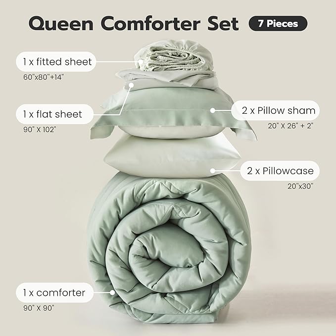 Joiedomi Queen Comforter Set with Sheets Sage Green, 7 Pieces Queen Bed Set with 1 Down Alternative Comforter, 1 Flat Sheet, 1 Fitted Sheet, 2 Pillowcases and 2 Pillow Shams, Bed in a Bag All Seasons
