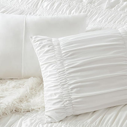 Intelligent Design King Comforter Set Ruched Shabby Chic Comforters for King Size Bed, All Season Lightweight Comforter King, French Country Bedding Set, Shams, Ella, King/Cal King, White, 3 Piece